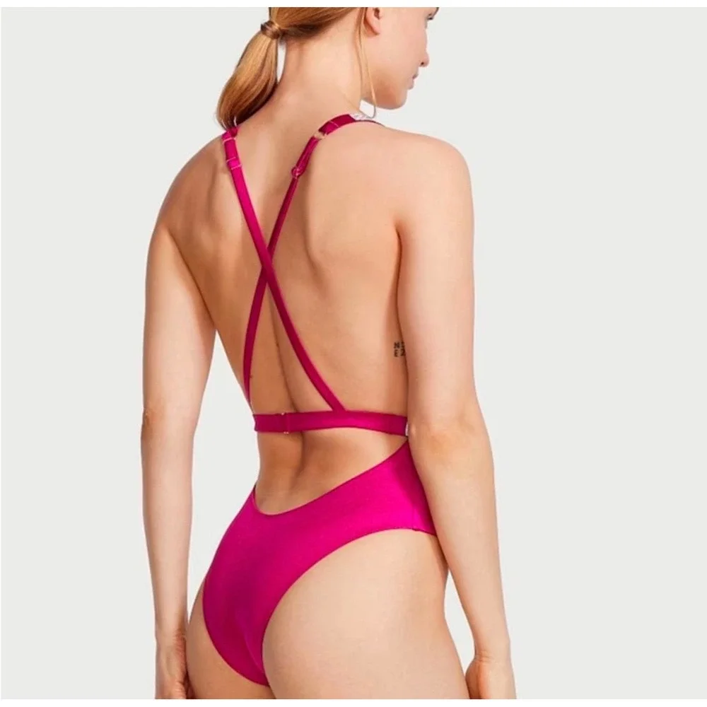 Victorias Secret Pink One-Piece Swimsuit‎ With Rhinestone Straps Waistband XXL